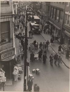 a vintage photo of a busy city street