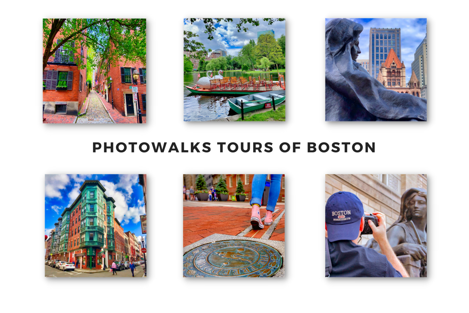 Collage of six Boston landmarks and scenes with 'Photowalks Tours of Boston' text.